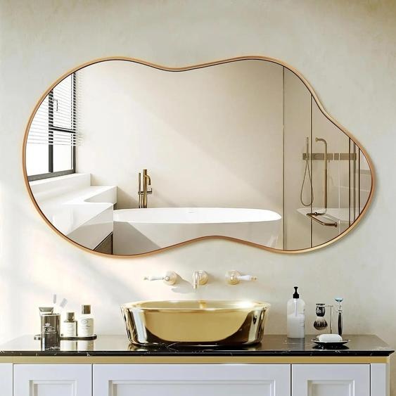 Miroir mural - Forme nuage - Asymétrique - Grossissant - 20 cm - Pour salle de bain - Fixation murale - Doré