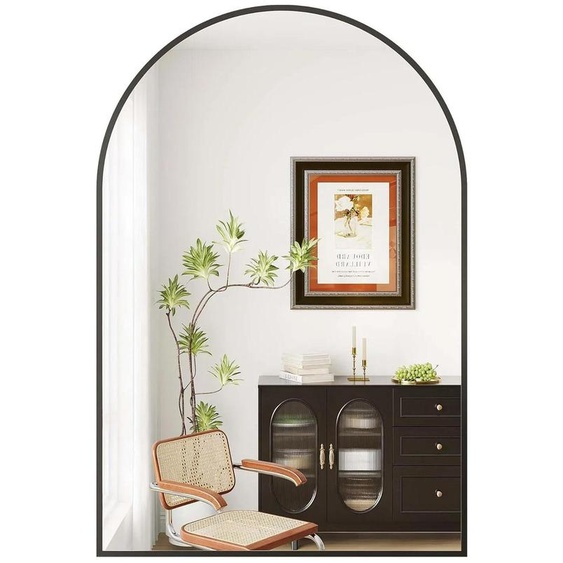 Miroir mural incurvé - Miroirs de salle de bain et miroirs de maquillage - Dimensions : 65 x 95 cm - Fixation murale - Cadre métallique - Verre - Noir