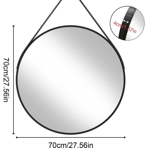 Miroir mural rond - Miroir de maquillage - 70 cm de diamètre - Cadre en aluminium brossé - Lanière en cuir pour accrocher - Pour lentrée et la salle de bain - Noir