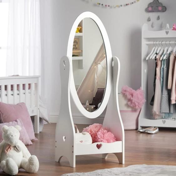 Miroir ovale blanc pour enfants, autoportant, dimensions 105x41x35 cm, avec étagère