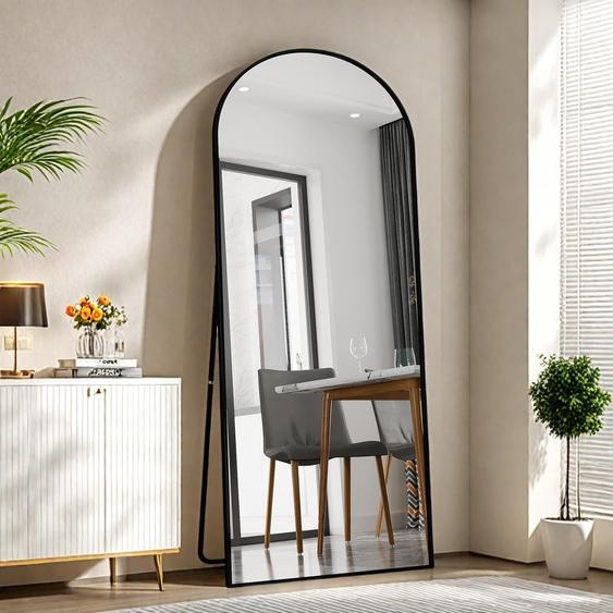 Miroir pleine longueur 180 x 80 cm en verre trempé avec cadre en aluminium noir, forme arquée,  grand miroir de sol