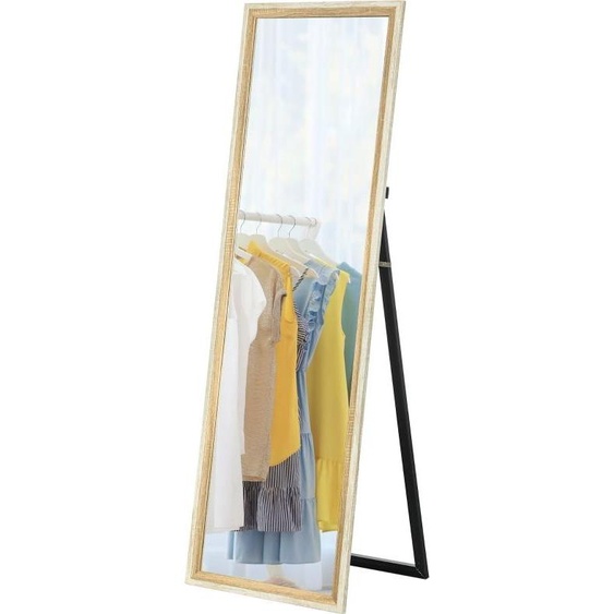 Miroir pleine longueur Fortuna Lai, 162,6 x 53,5 cm Miroir sur pied avec support, miroir mural pour salon, chambre à coucher, dressing Blanc + bois naturel