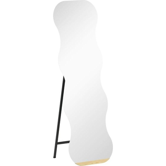 Miroir pleine longueur Fortuna Lai sans cadre, base en bois, placement flexible, forme ondulée, noir