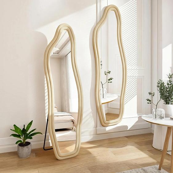 Miroir pleine longueur - Miroir sur pied/miroir mural - 160 x 50 cm - Forme irrégulière et ondulée - Cadre recouvert de velours - Style minimaliste moderne - Doré