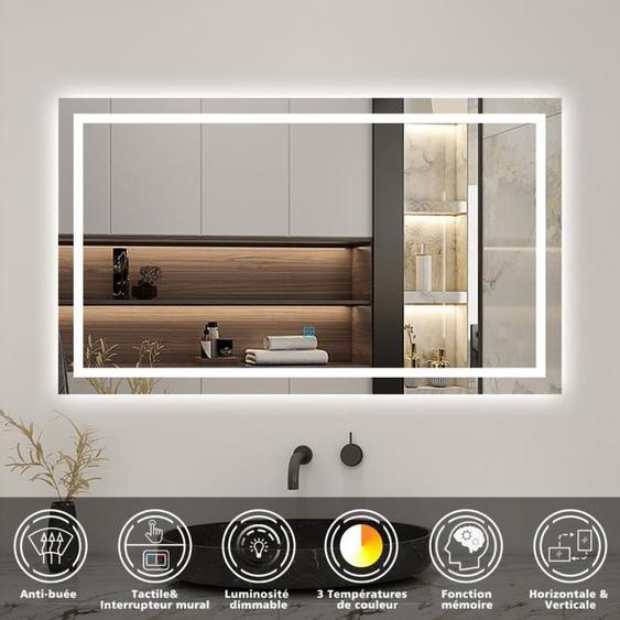 Miroir salle de bain LED - AICA - 100x60cm - Anti-buée, Dimmable, Mémoire
