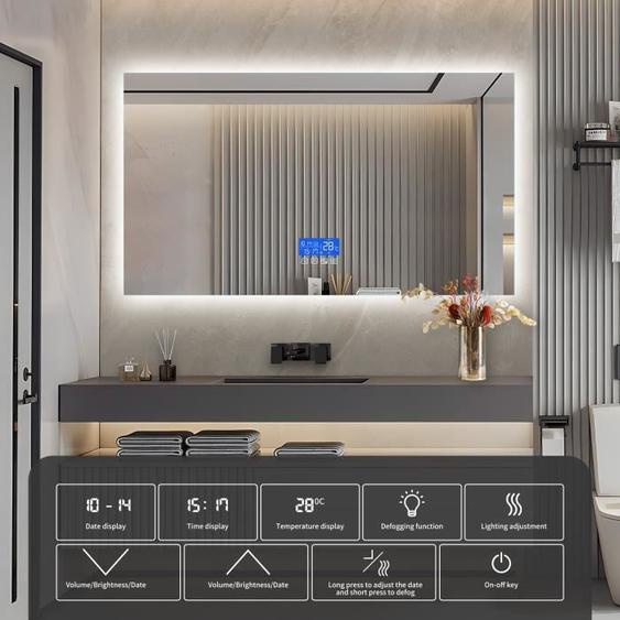 Miroir Salle de Bain LED - Miroir Mural avec Affichage Horloge& Température Anti Buée 3 Luminosités, Sans Cadre - Rectangle 60x100cm