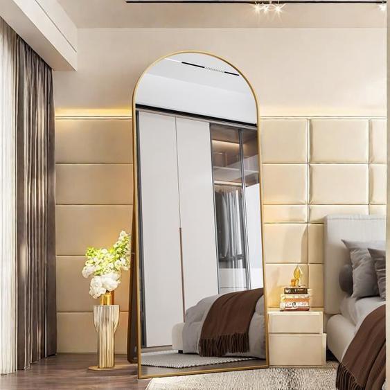 Miroir sur pied - RWUDV - 180x80 cm - Design arqué - Verre incassable - Couleur doré