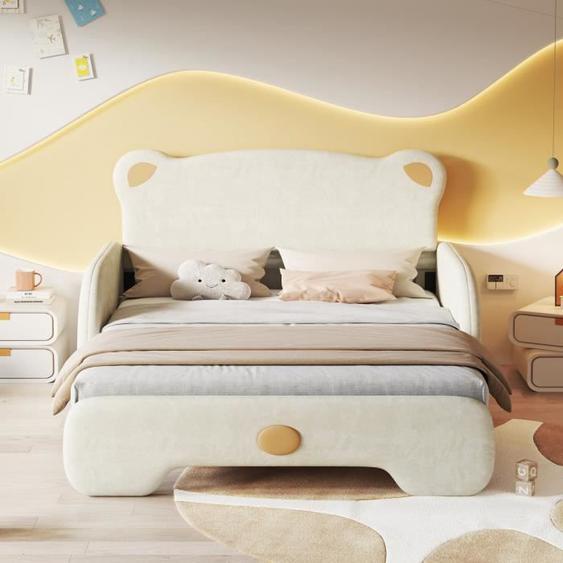 Lit double rembourré - MISNODE - En forme dours - Velours beige - 140x200 cm - Lit gigogne