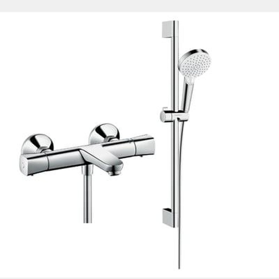 Mitigeur baignoire thermostatique Ecostat Universal chromé + pack pommeau de douche Crometta 2 jets + flexible + barre