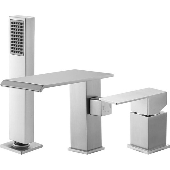 Mitigeur de baignoire - robinetterie de bord de baignoire 3 trous - avec douchette - mitigeur - haut débit - deux becs - inox brossé