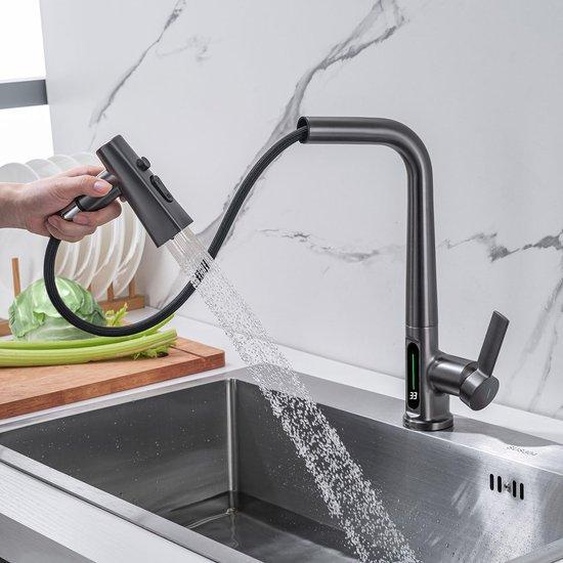 Mitigeur de cuisine à une poignée avec bec extractible, pivotant à 360°, indicateur de température à LED, 3 types de jets, gris