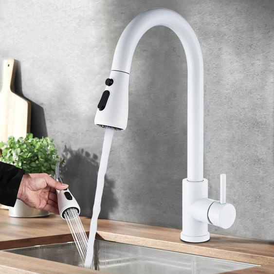 Mitigeur de Cuisine avec Douchette blanc Extensible,Robinet Cuisine Rotatif à 360°avec 2 Modes de Pulvérisation Monocommande Mitigeur dévier Froide