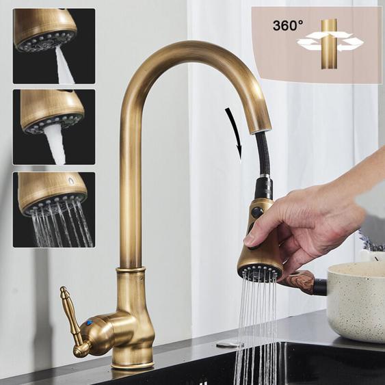 Zamery - Mitigeur de Cuisine Rétro Evier en Laiton Acier Inox 304 Robinet Cuisine avec Douchette Mitigeur Cuisine Douchette Extractible 3 Fonctions