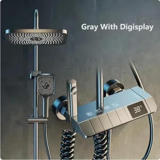 Mitigeur de douche - Mitigeur thermostatique - Écran LED numérique - Réglage de la température - Réglable en hauteur - Laiton - Finition galvanisée - Bleu