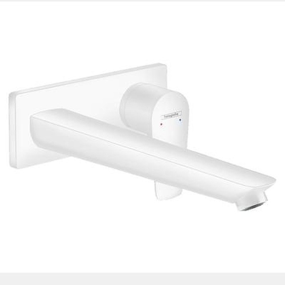 Mitigeur de lavabo encastré mural, bec 225mm, bonde à écoulement libre blanc mat