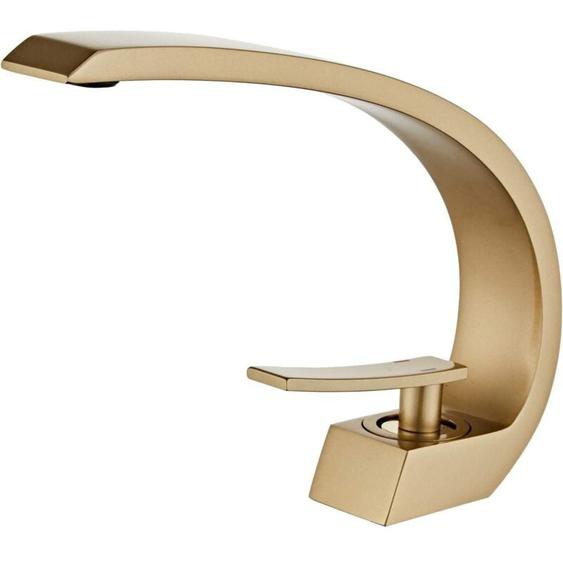 Mitigeur de lavabo pour salle de bain doré brossé, Robinet de Lavabo cascade, Robinet Mitigeur Lavabo Monotrou en Laiton, Moderne Robinet Salle de