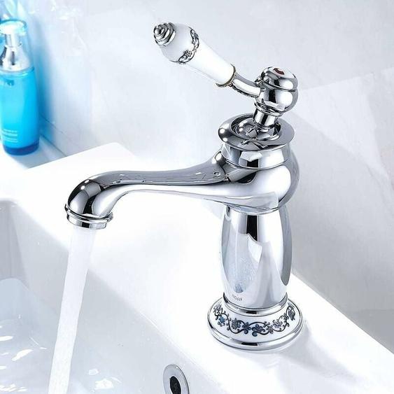 Mitigeur Robinet Lavabo Laiton Céramique Évier Robinet Noir et Blanc en Porcelaine À Long Cou Vintage Floral avec lentrée Robinet deau