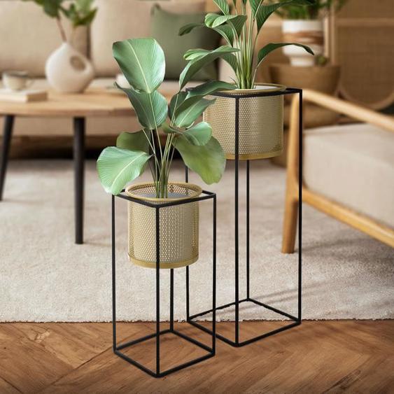 ML-Design Support pour fleurs set de 2 noir-or 21x21x47/25x25x71 cm en acier pour pots de fleurs avec cache-pot Colonne pour