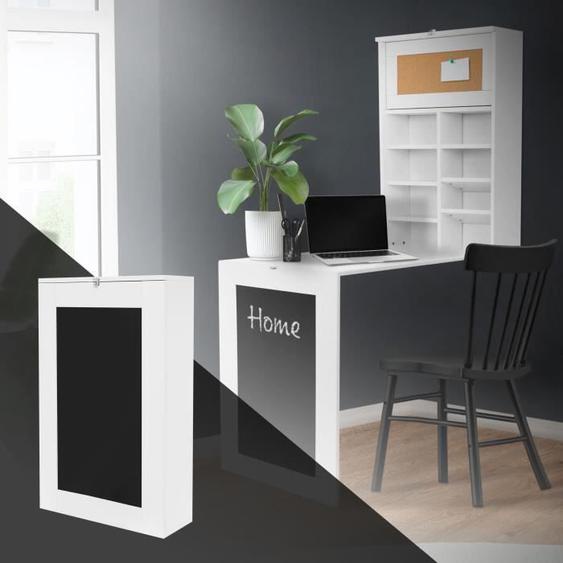ML-Design Table Murale Pliante, Blanc, en MDF, Tableau Noir, 8 Compartiments et Tableau dAffichage, Bureau Multifonctionnel,