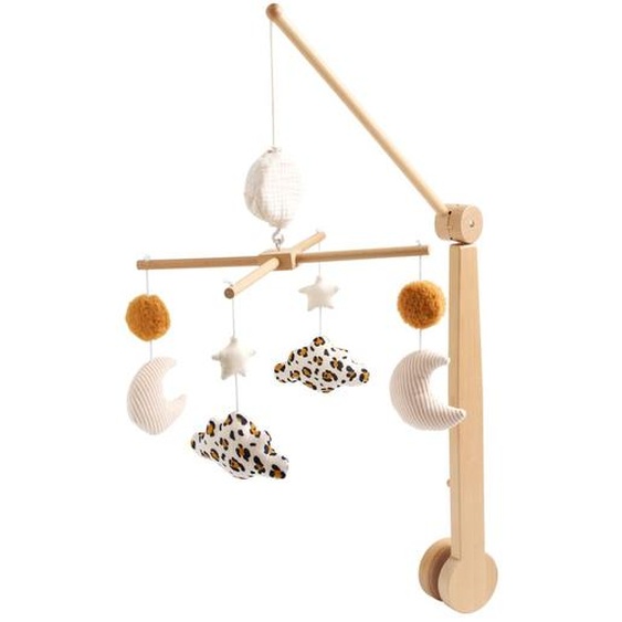 Mobile Musical Bébé En Bois Avec 4 Jouets - Leopard Ecru/caramel