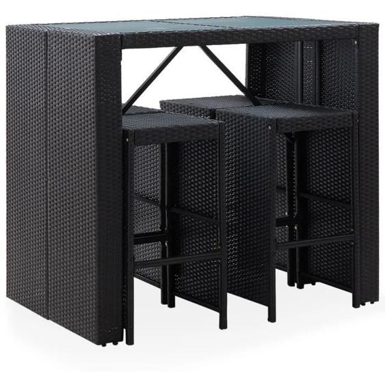 Mobilier de bar dextérieur - SALALIS - 5 pcs - Résine tressée noire - Verre - Coussin blanc cassé
