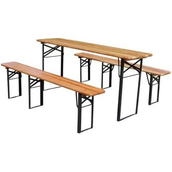 Mobilier de jardin, ensemble de tables et bancs pour bière, mobilier de jardin pliable, mobilier de terrasse. Ensemble de tables en bois pliables en 3 secondes, comprenant 2 bancs, un plateau de 12 cm dépaisseur, et une capacité de charge de 200 kg
