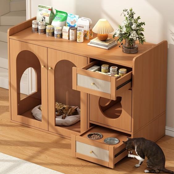 Mobilier pour chats - Maison pour chats - Cage pour chats - Meuble pour litière - Coin détente pour chats - Couleur naturelle du bois