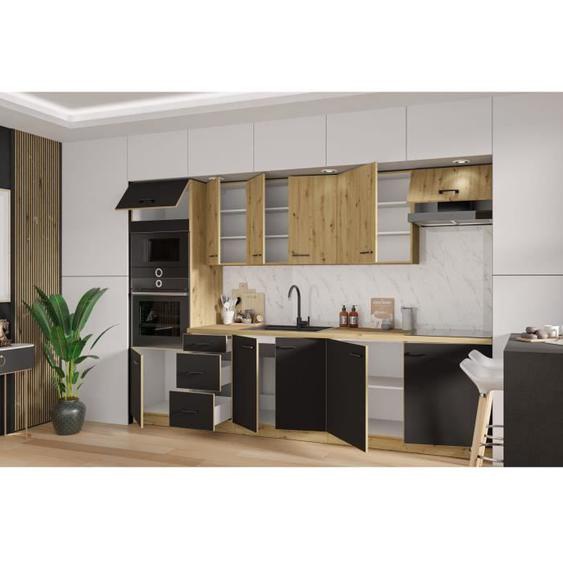 MODENA - Cuisine complète - 300 cm - Chêne artisan / Noir mat - Plan de travail non inclus