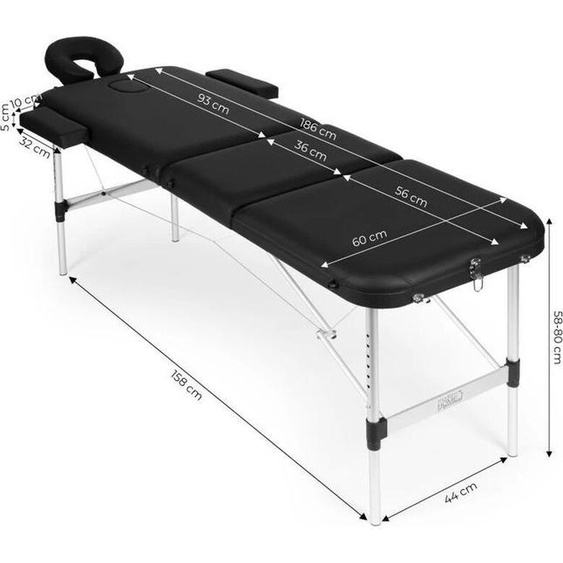 ModernHome BM3724 Table de massage en aluminium, pliable, 3 segments, 250 kg, 185 cm, noir