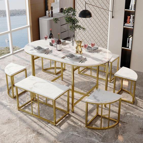 ModernLuxe Ensemble table et 6 chaises - 4 petits tabourets + 2 bancs - style moderne - doré - 140x70x76cm
