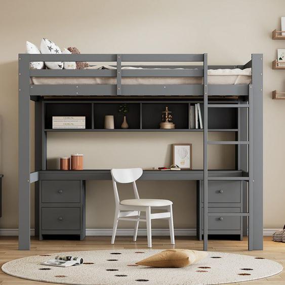 MODERNLUXE Lit mezzanine 90x200cm, lit enfant, lit supérieur et table inférieure, grand espace de rangement, escalier, gris