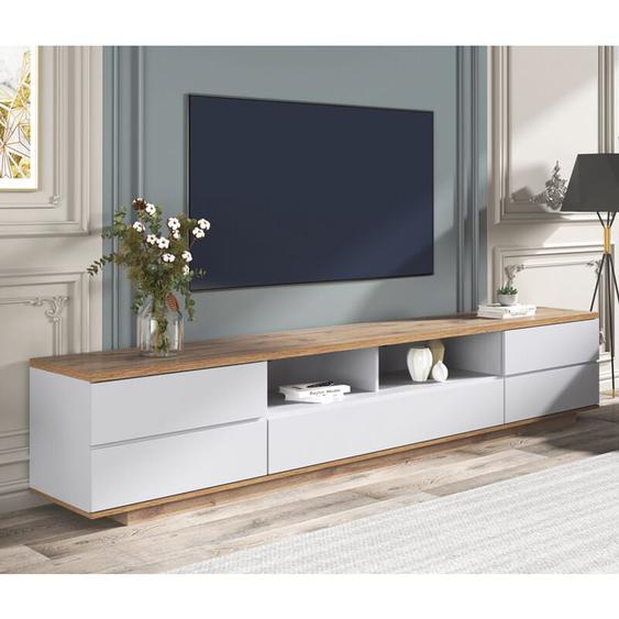 Modernluxe - Meuble tv scandinave contemporain - l 180cm - 5 portes et 8 compartiments - Naturel & Blanc