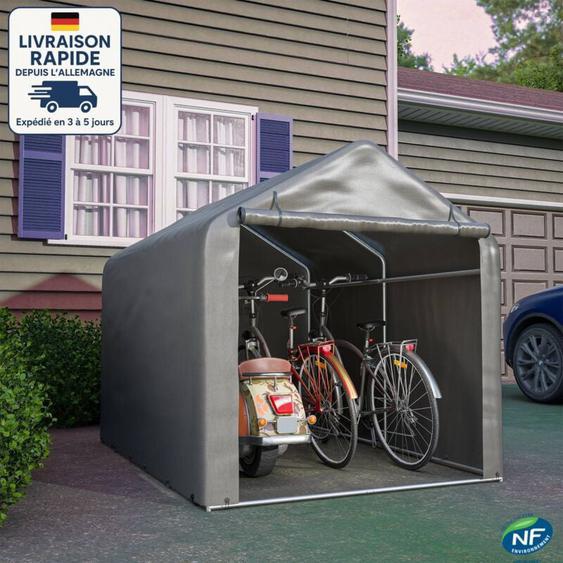 Abri voiture 160 x 220 x 165 cm, store banne avec porte enroulable pour jardin/extérieur, métal et pe imperméable, gris foncé