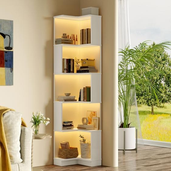 MODFU Bibliothèque d’Angle - Meuble de Rangement d’Angle avec 5 Niveaux, Éclairage LED Multicolore, MDF, 63,5 x 45 x 175 cm, Blanc