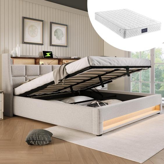MODFU Lit coffre 140x200 - Lit double avec éclairage LED et USB - Lin - Avec Matelas - Beige