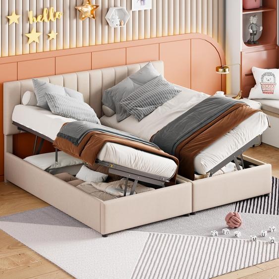 MODFU Lit Coffre 180x200 cm avec Coffre Hydraulique et Rangement Spacieux, Lit Coffre Double Adulte, Tissu Lin Beige - Sans Matelas