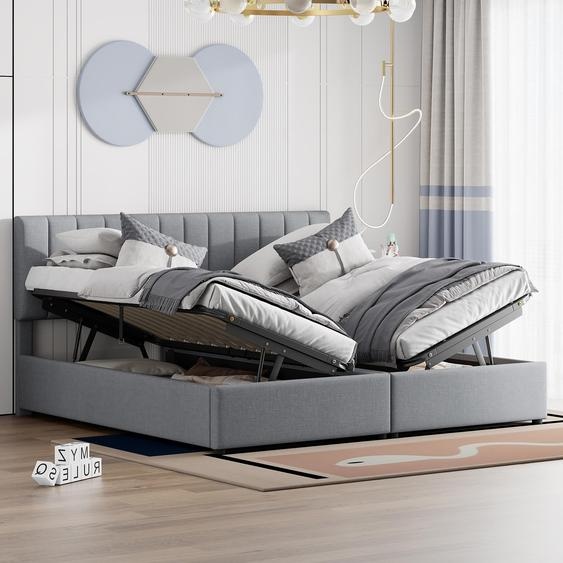 MODFU Lit Coffre 180x200 cm Double avec Rangement Spacieux et Transformable, Lit Capitonné en Lin Gris - Sans Matelas