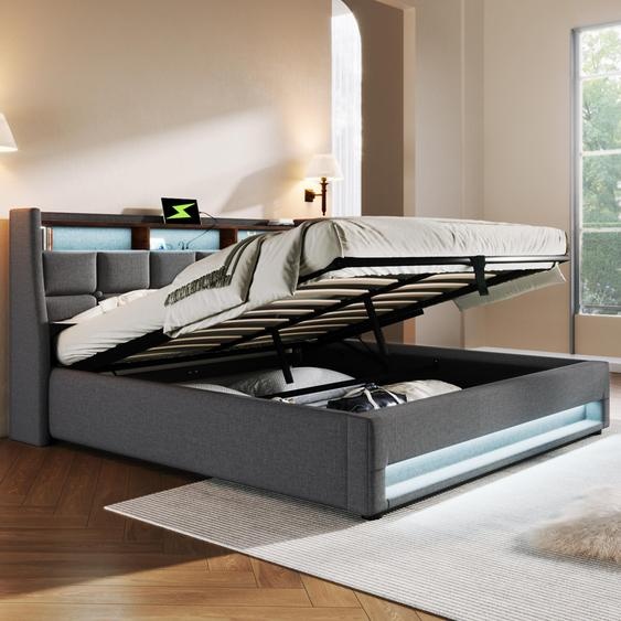 MODFU Lit coffre 180x200 - Lit double avec éclairage LED et USB - Lin - Sans Matelas - Gris