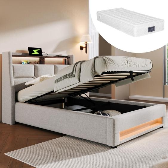 MODFU Lit coffre 90x200 - Lit ados avec USB et LED - Lin - Matelas Inclus - Beige