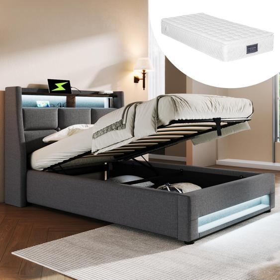 MODFU Lit coffre 90x200 - Lit ados avec USB et LED - Lin - Matelas Inclus - Gris