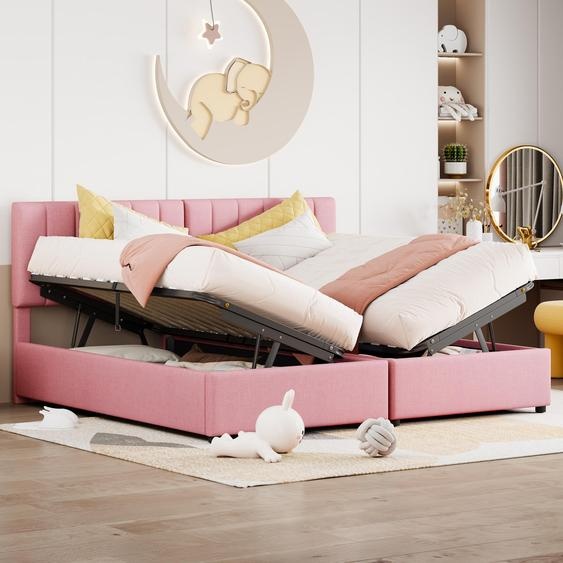 MODFU Lit Coffre Double 180x200 cm - Avec Coffre Hydraulique et Tissu Lin, Style Classique, Sans Matelas - Rose