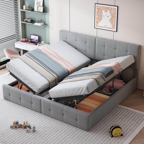 MODFU Lit Coffre Double 180x200 cm Capitonné avec Coffre Pratique et Espace de Stockage, Lit Capitonné en Velours Gris - Sans Matelas