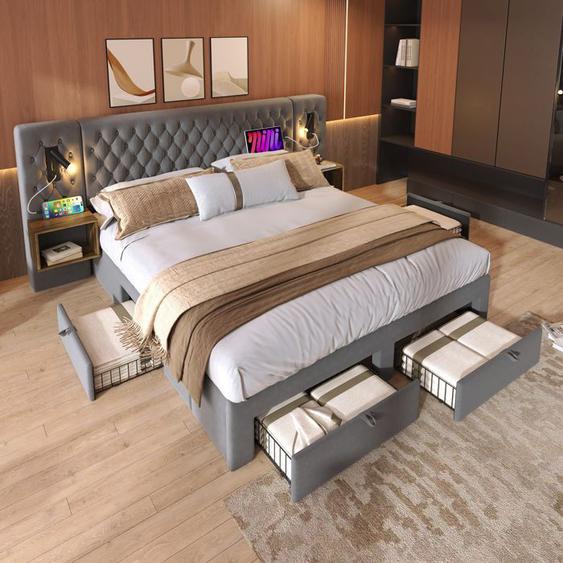 MODFU Lit double 180 x 200 cm avec 2 chevets et 4 tiroirs, tête de lit lecture avec chargement USB, Gris