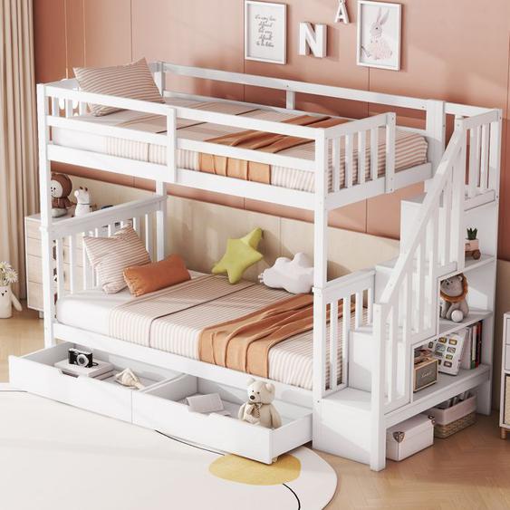MODFU Lit superposé Lit enfant et ados 90 x 200 cm avec étagère descalier, 2 tiroirs, garde-corps hauts, blanc