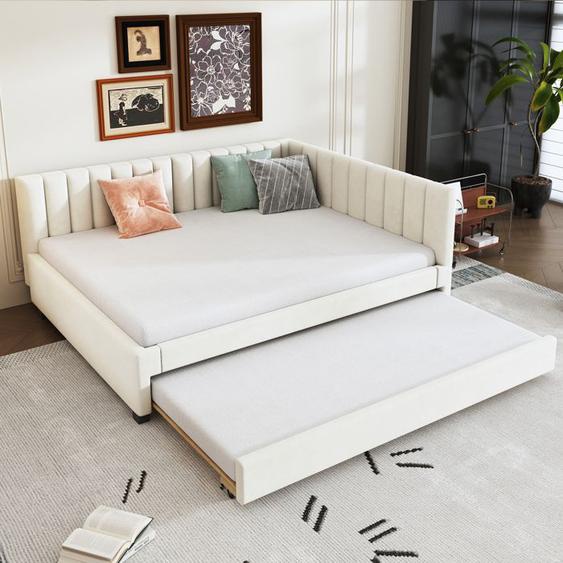 MODFU Lits capitonné enfant 140x200 cm, canapé-lit gigogne, lit multifonctionnel avec sommier à lattes, tissu velours, beige