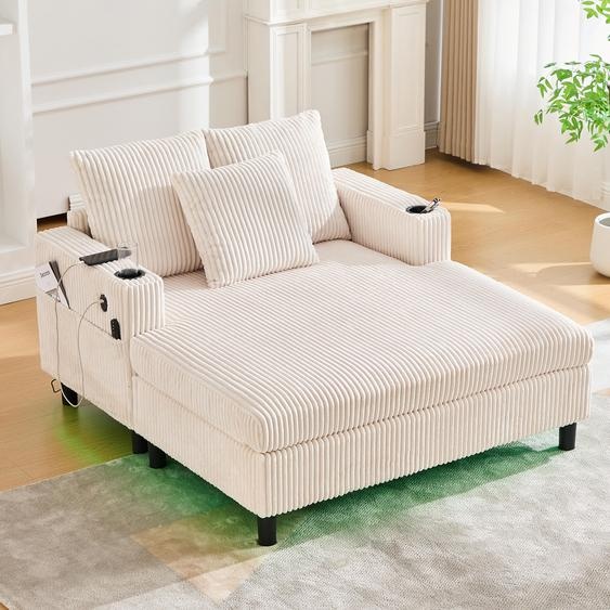 MODFU Méridienne - 2 Places Tissu Velours avec Éclairage LED Porte-Gobelets et Ports USB Beige