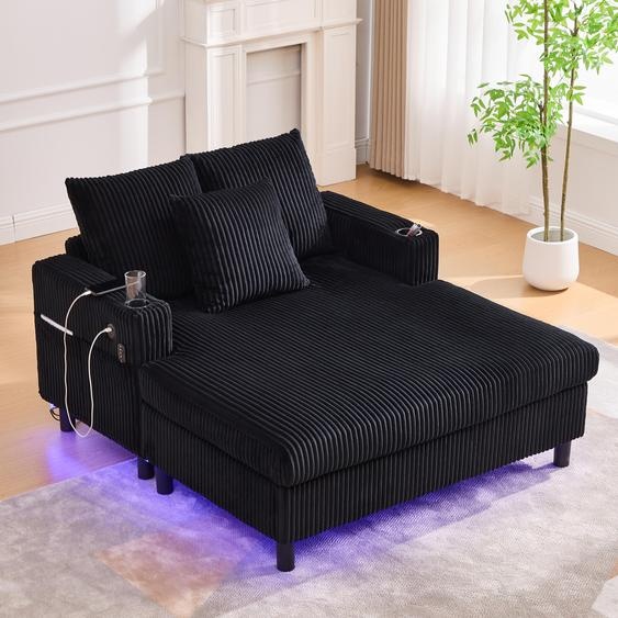 MODFU Méridienne - 2 Places Tissu Velours avec Éclairage LED Porte-Gobelets et Ports USB Noir