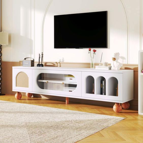 MODFU Meuble TV blanc 170x37x47 cm avec portes en rotin, portes coulissantes en verre et 3 zones cintrées, pieds en bois massif