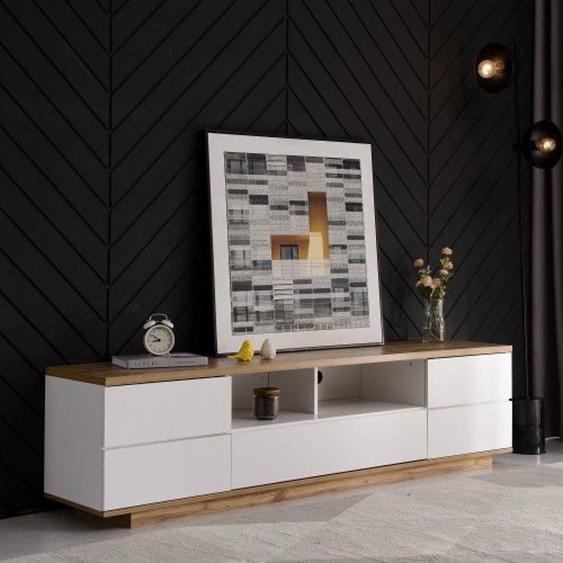 MODFU Meuble TV blanc et bois avec 2 compartiments ouverts et 5 portes