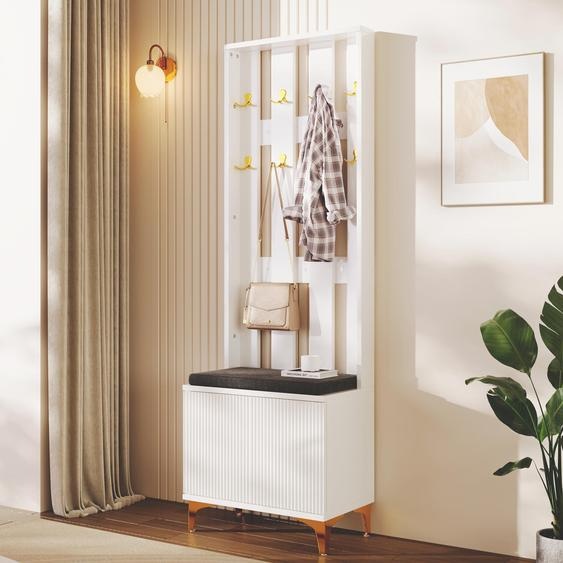 MODFU Vestiaire dEntrée - Meuble Compact avec Banc, Crochets Muraux et Rangement à Chaussures, 60,5x35,2x180,5 cm, Blanc